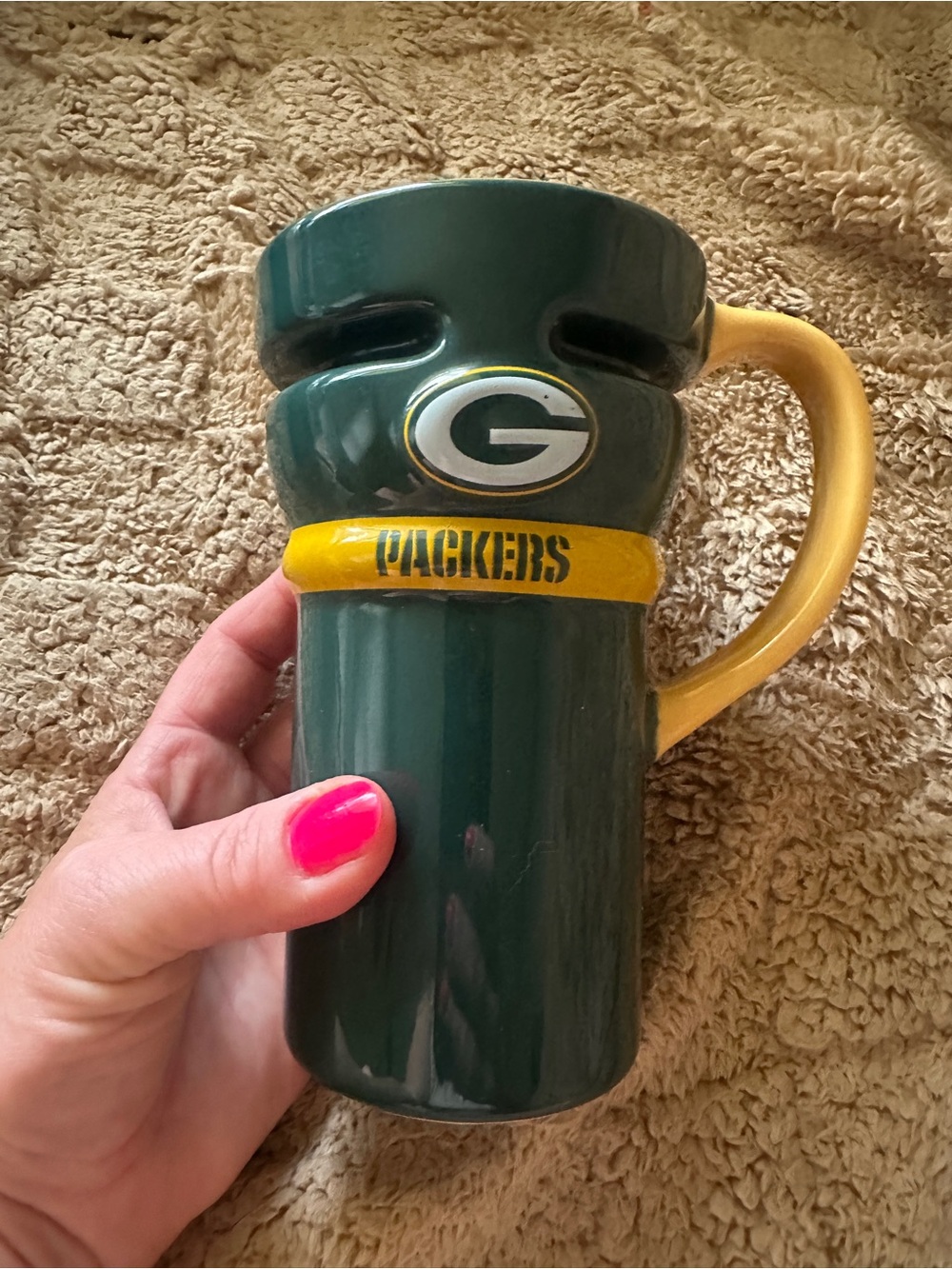 Ceramic Travel Mug with Handle - Green and Yellow